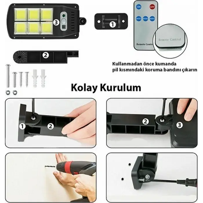 Solar LED Bahçe Sokak Lambası Hareket Sensörlü Kumandalı 3 Modlu Güneş Enerjili
