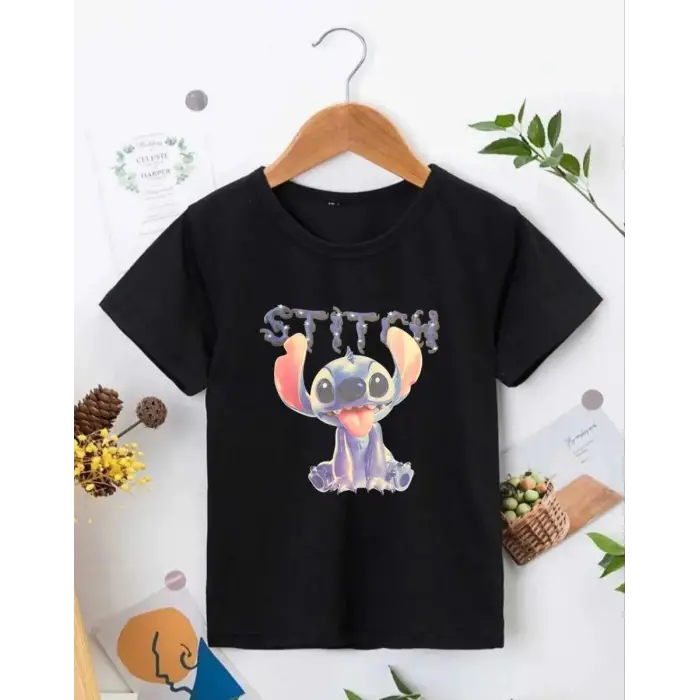 iegiyim™ Bisiklet Yaka Kısa Kol Çocuk Baskılı T-Shirt - Siyah