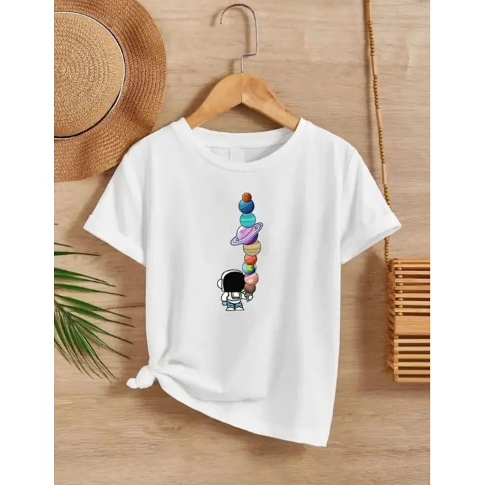 iegiyim™ Çocuk Unisex Baskılı T-Shirt - Beyaz