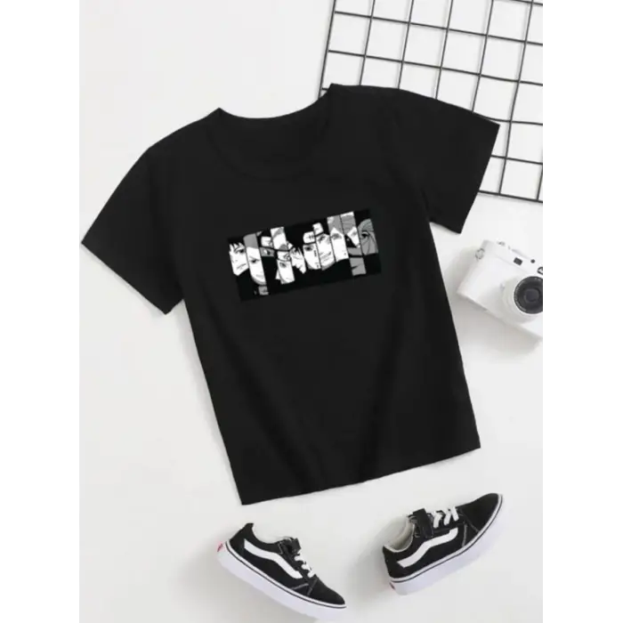 iegiyim™ Çocuk Unisex Baskılı T-Shirt - Siyah