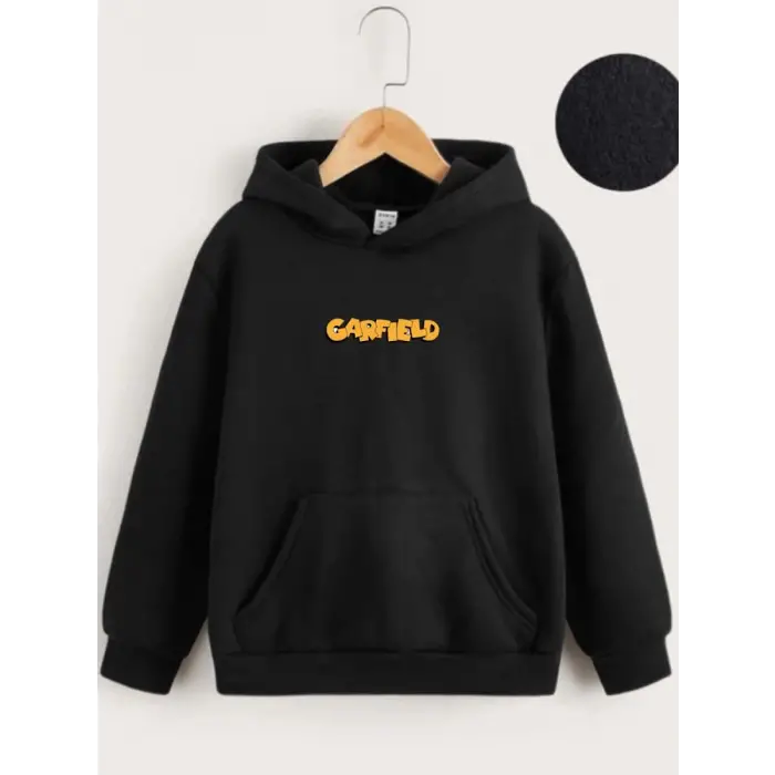 iegiyim™ Çocuk Unisex Kapüşonlu Ön ve Arka Garfield Baskılı Sweatshirt - Siyah