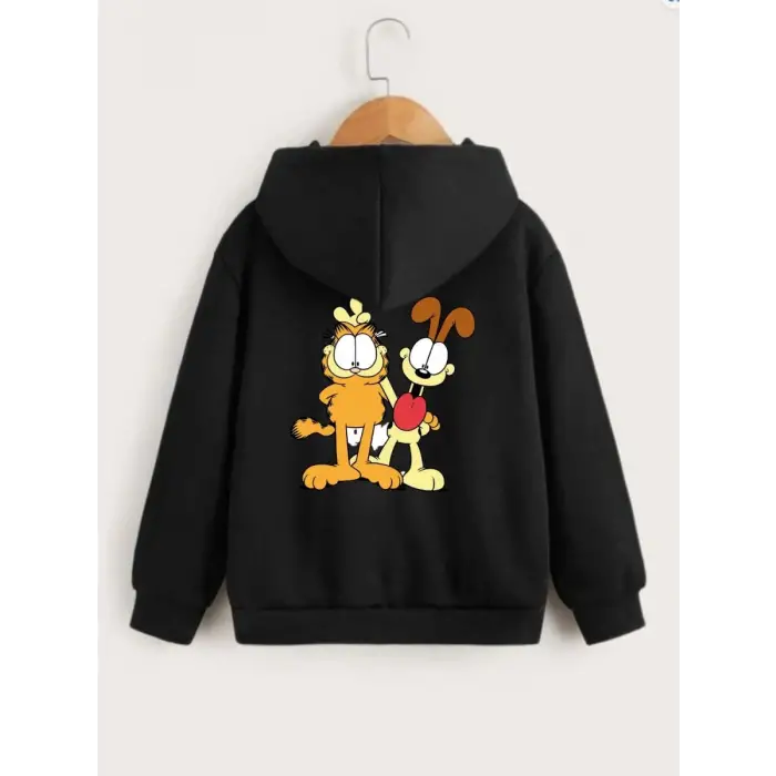 iegiyim™ Çocuk Unisex Kapüşonlu Ön ve Arka Garfield Baskılı Sweatshirt - Siyah