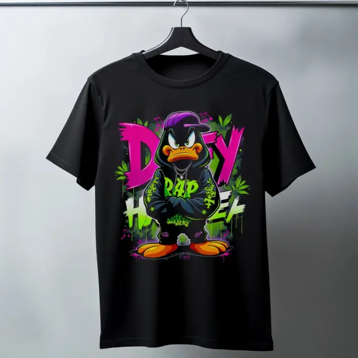 iegiyim™ Daffy Duck Graffiti Baskılı Unisex Siyah Tişört - 24/1 Penye Pamuklu