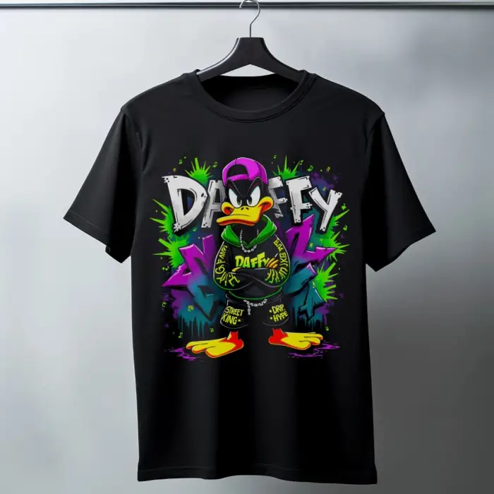 iegiyim™ Daffy Duck Graffiti Baskılı Unisex Siyah Tişört - 24/1 Penye Pamuklu