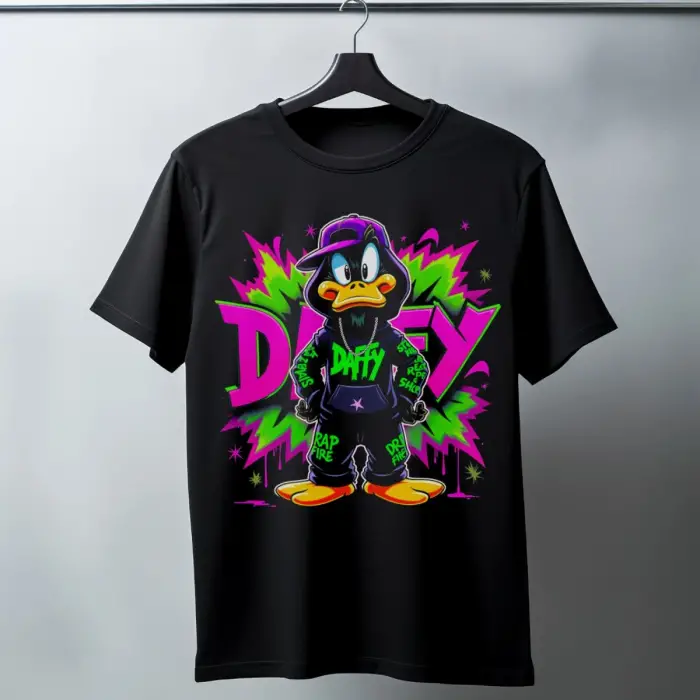 iegiyim™ Daffy Duck Graffiti Baskılı Unisex Siyah Tişört - 24/1 Penye Pamuklu