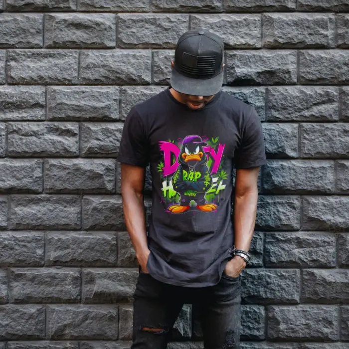 iegiyim™ Daffy Duck Graffiti Baskılı Unisex Siyah Tişört - 24/1 Penye Pamuklu
