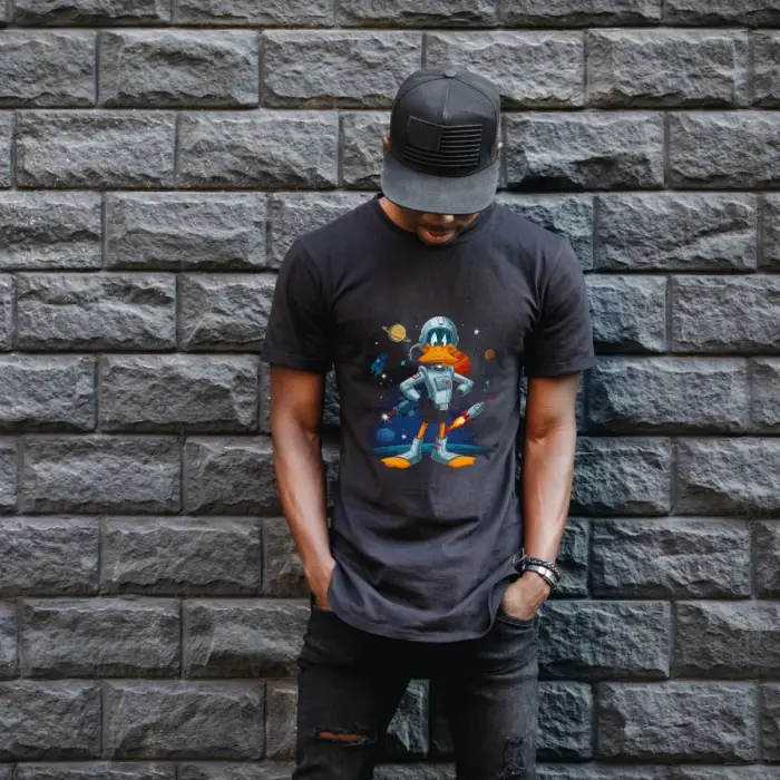 iegiyim™ Duck Dodgers Uzay Baskılı Unisex Siyah Oversize Tişört - 24/1 Penye