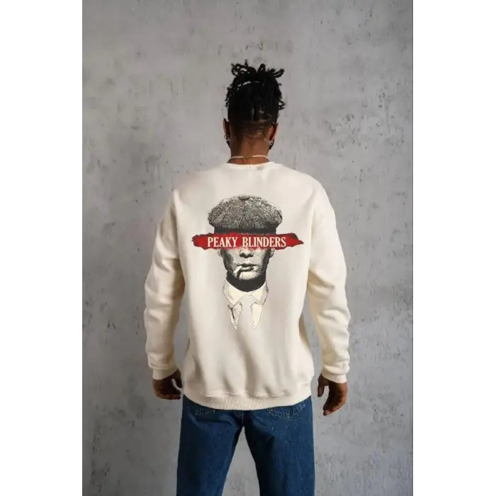 iegiyim™ ERKEK 3 İplik Pamuklu Bisiklet Yaka Baskılı Oversize Sweatshirt - Beyaz