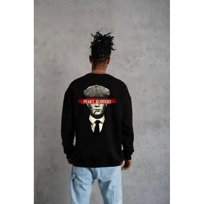 iegiyim™ ERKEK 3 İplik Pamuklu Bisiklet Yaka Baskılı Oversize Sweatshirt - Siyah