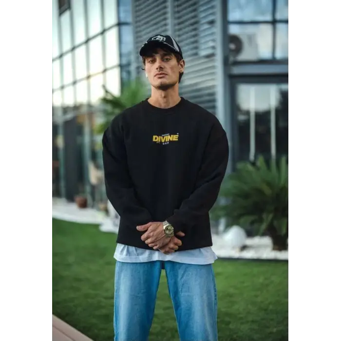 iegiyim™ Erkek 3 iplik pamuklu Kışlık Bisiklet Yaka Baskılı SweatShirt - Siyah
