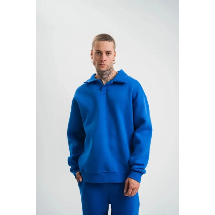 iegiyim™ Erkek Açık Yakalı Oversize 3 İplik Pamuklu Sweatshirt - Mavii