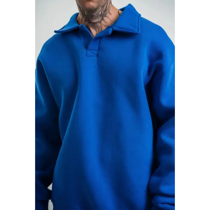 iegiyim™ Erkek Açık Yakalı Oversize 3 İplik Pamuklu Sweatshirt - Mavii