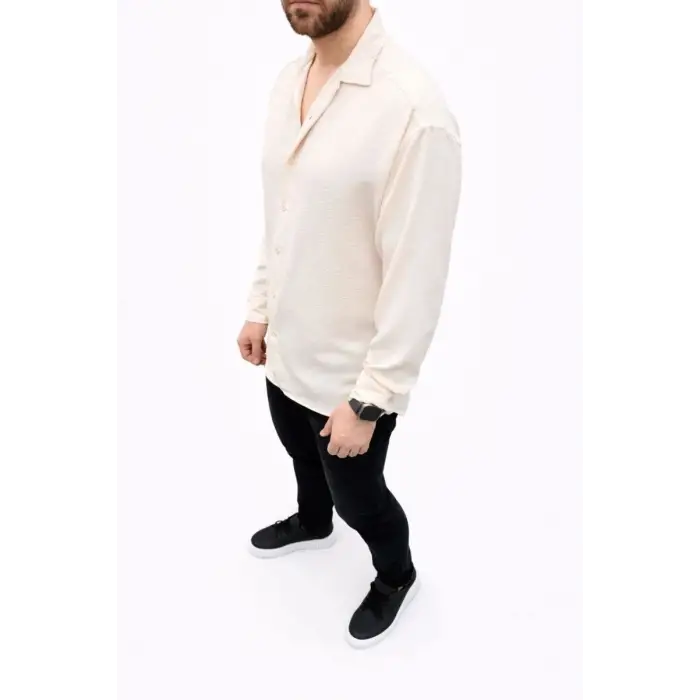 iegiyim™ Erkek Aerobin Kumaş Oversize 4 Mevsim Uzun Kollu Rahat Kalıp Gömlek - Bej