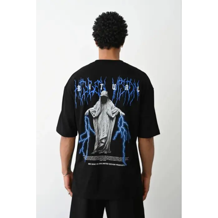 iegiyim™ Erkek Baskılı Oversize  Kısa kol T-Shirt - Siyah