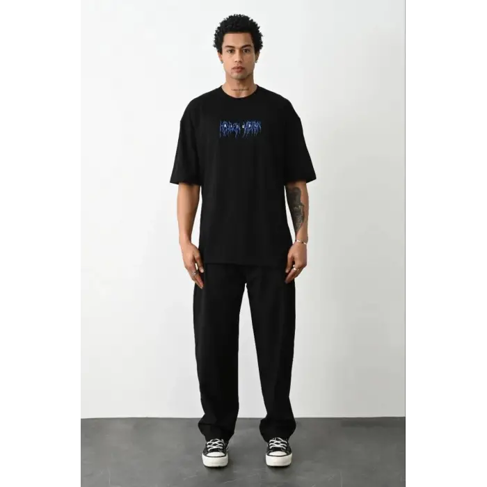 iegiyim™ Erkek Baskılı Oversize  Kısa kol T-Shirt - Siyah