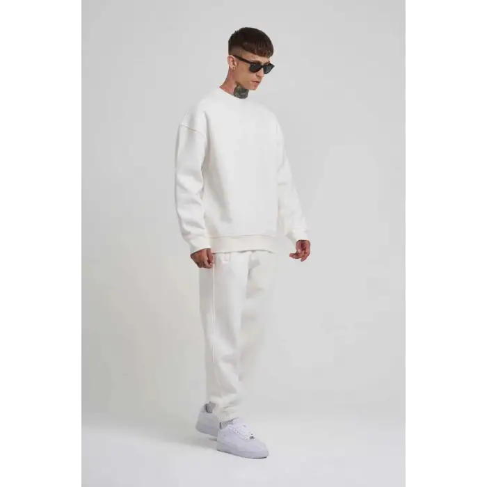 iegiyim™ ERKEK Bisikilet Yaka 3 plik Pamuklu SweatShirt - Beyaz
