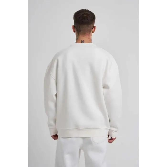 iegiyim™ ERKEK Bisikilet Yaka 3 plik Pamuklu SweatShirt - Beyaz