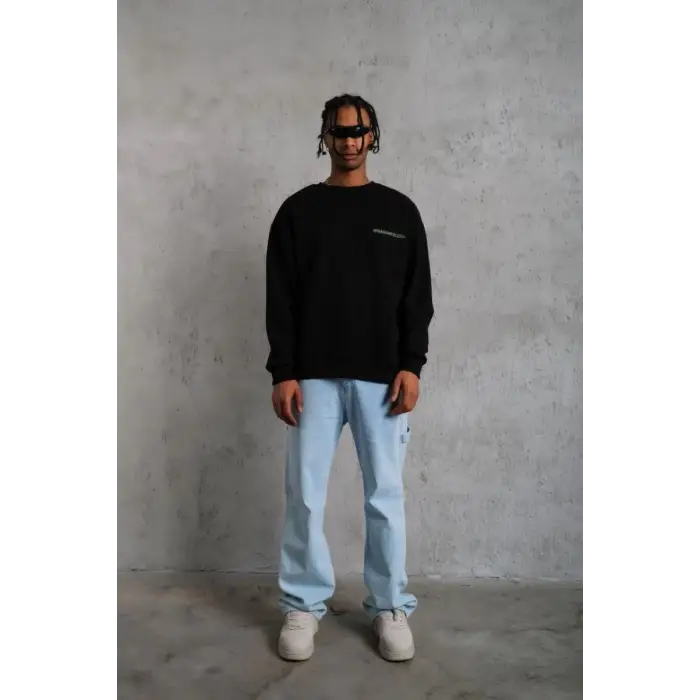 iegiyim™ Erkek Bisiklet Yaka Baskılı 3 iplik pamuklu Sweatshirt - Siyah