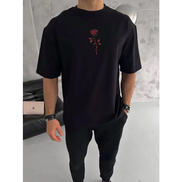 iegiyim™ Erkek Bisiklet Yaka Baskılı Oversize  Kısa kol T-Shirt - Siyah