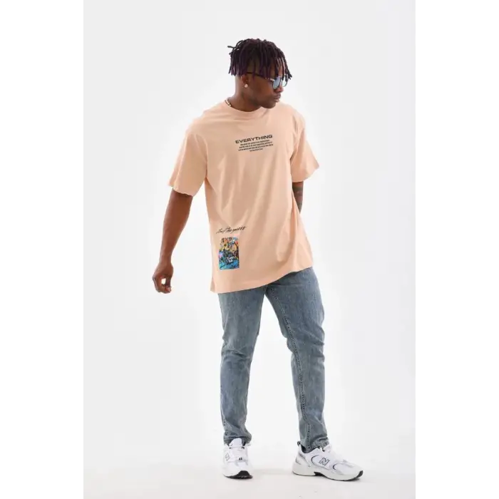 iegiyim™ Erkek  Bisiklet Yaka Baskılı Oversize T-Shirt - Bej