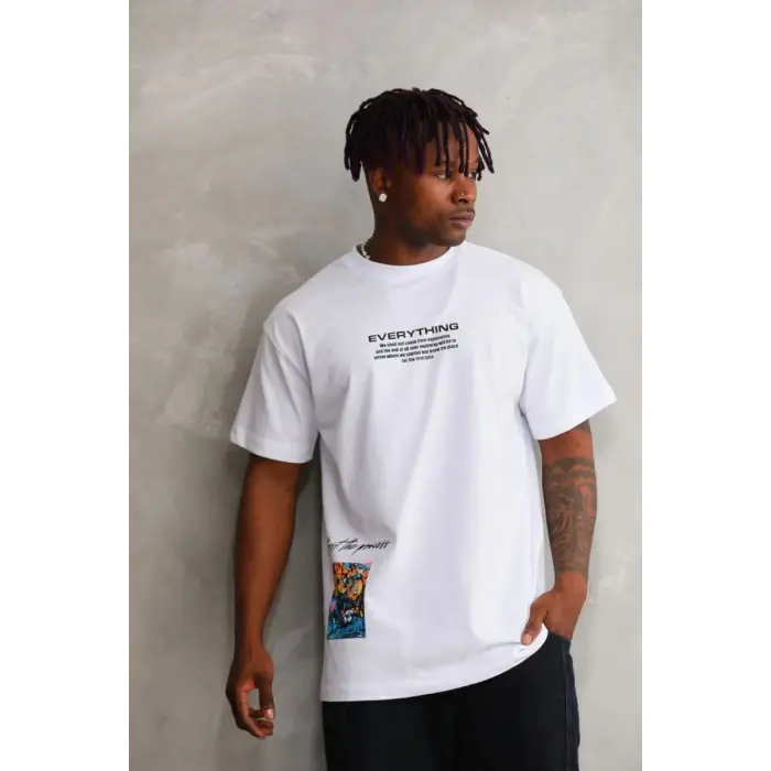 iegiyim™ Erkek Bisiklet Yaka Baskılı Oversize T-Shirt - Beyaz