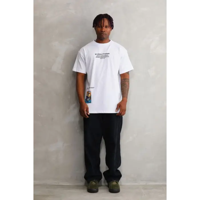 iegiyim™ Erkek Bisiklet Yaka Baskılı Oversize T-Shirt - Beyaz