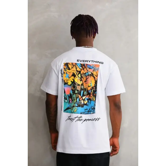 iegiyim™ Erkek Bisiklet Yaka Baskılı Oversize T-Shirt - Beyaz