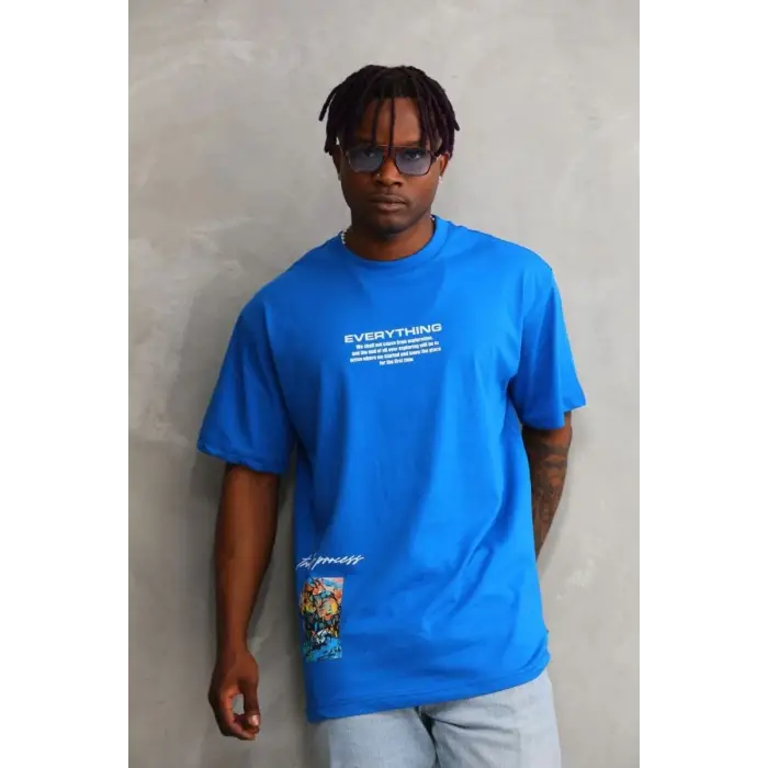 iegiyim™ Erkek Bisiklet Yaka Baskılı Oversize T-Shirt - Mavi