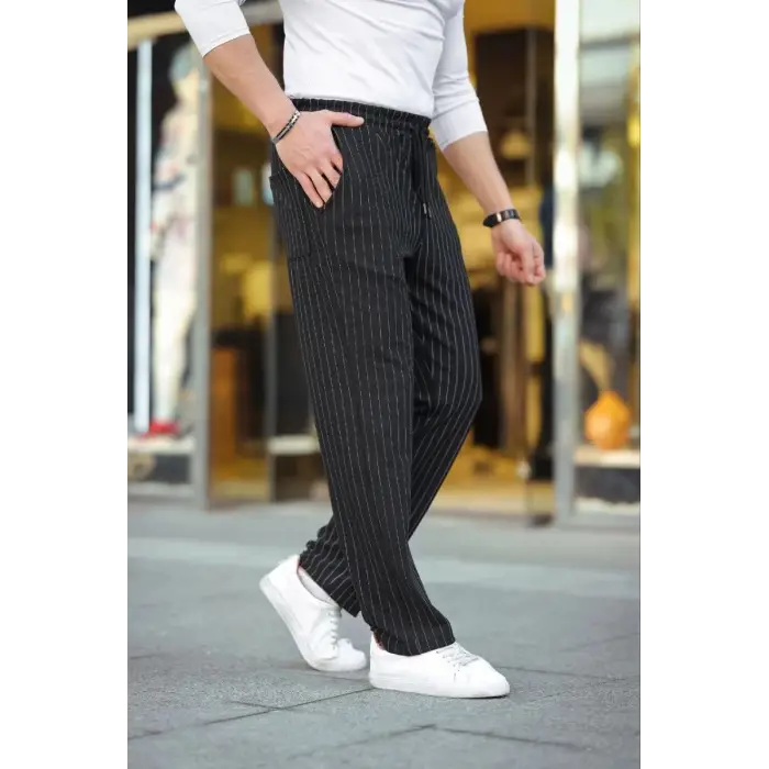 iegiyim™ Erkek Cizgili Dokuma Krep Jogger Buggy Pantalon Rahat kalıp - Siyah