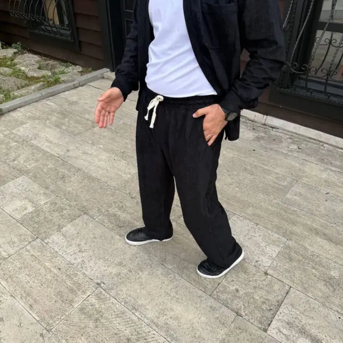iegiyim™ Erkek Fitilli Kadife Cepli Buggy Pantolon Oversize Rahat Kalıp - Siyah