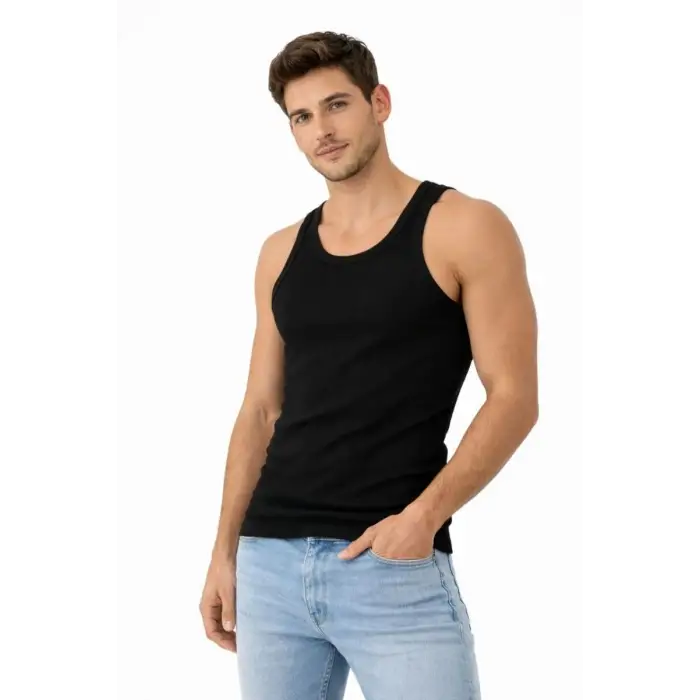iegiyim™ Erkek Fitilli Likralı Kaşkorse Atlet Vücuda Oturan Basic Şıklık - Siyah