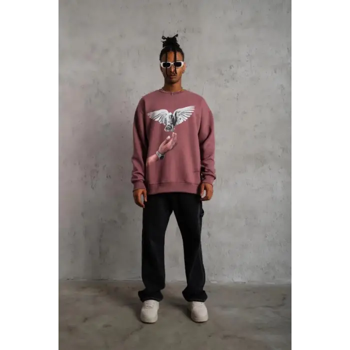 iegiyim™ Erkek Güvercin Baskılı Bisiklet Yaka Sweatshirt 3 iplik pamuklu - Gül Kurusu