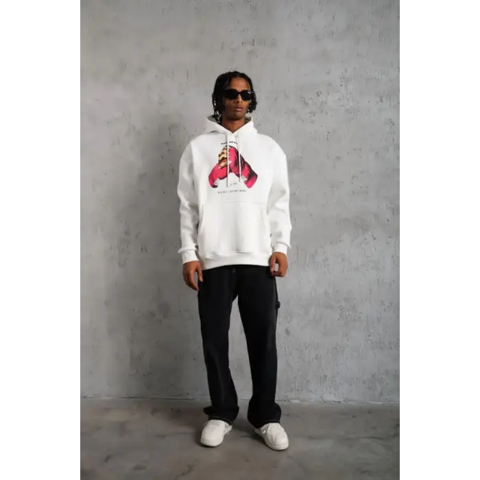 iegiyim™ Erkek Kapüşonlu Cepli Boks Eldiven Baskılı 3 İplik Sweatshirt Hoodie - Beyaz