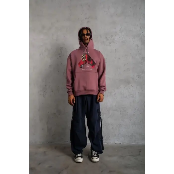 iegiyim™ Erkek Kapüşonlu Cepli Box Eldiven Baskılı 3 İplik Sweatshirt Hoodie - Gül Kurusu