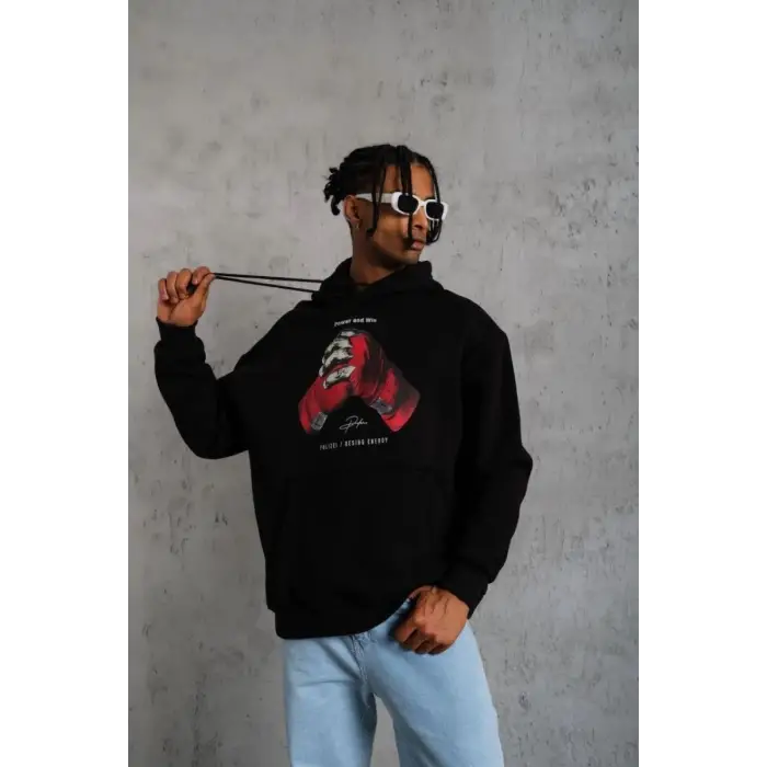 iegiyim™ Erkek Kapüşonlu Cepli Box Eldiven Baskılı 3 İplik Sweatshirt Hoodie - Siyah