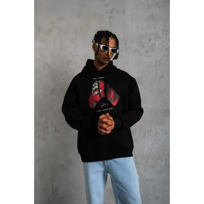 iegiyim™ Erkek Kapüşonlu Cepli Box Eldiven Baskılı 3 İplik Sweatshirt Hoodie - Siyah
