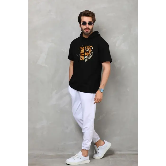 iegiyim™ Erkek Kapüşonlu Kısa Kol Oversize Baskılı T-Shirt - Siyah