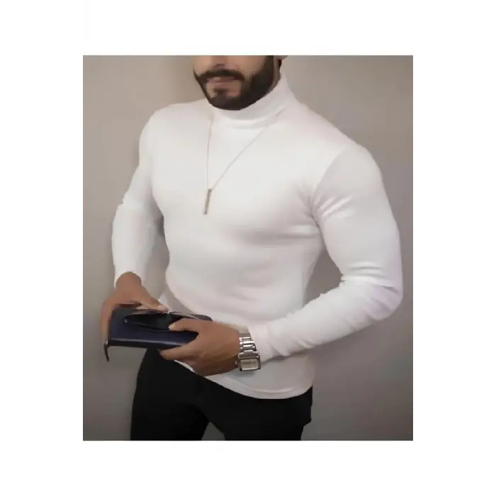 iegiyim™ Erkek Kaşkorse Boğazlı Full Likralı Fitilli Body Kazak - Beyaz