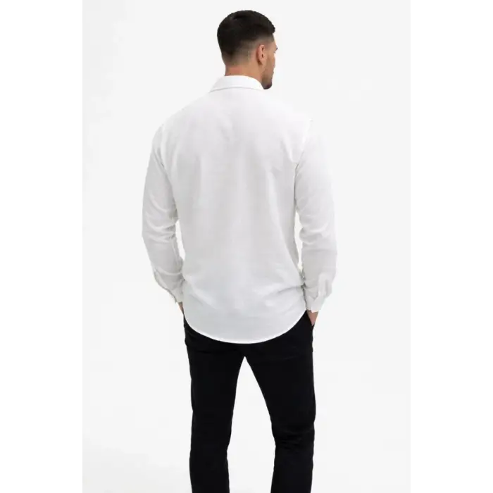 iegiyim™ Erkek KETEN Kumaş Oversize Uzun Kollu Rahat Kalıp Gömlek - Beyaz