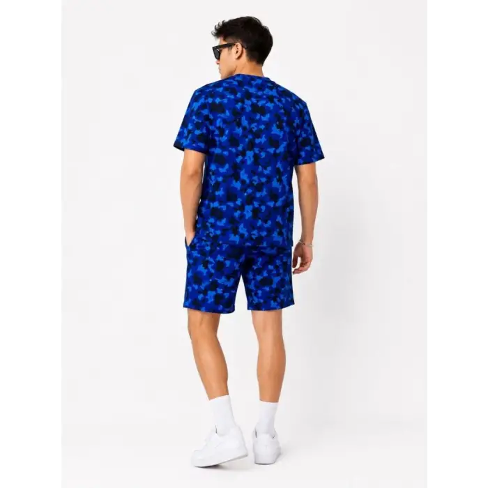iegiyim™ Erkek Oversize Kalıp Pubg Bape X Shark Nakışlı Cepli Şort Takım - Mavi