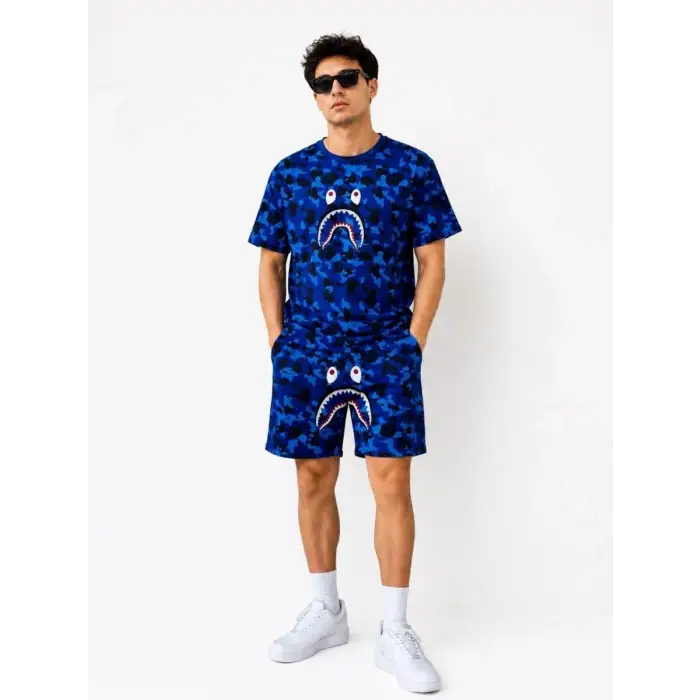 iegiyim™ Erkek Oversize Kalıp Pubg Bape X Shark Nakışlı Cepli Şort Takım - Mavi