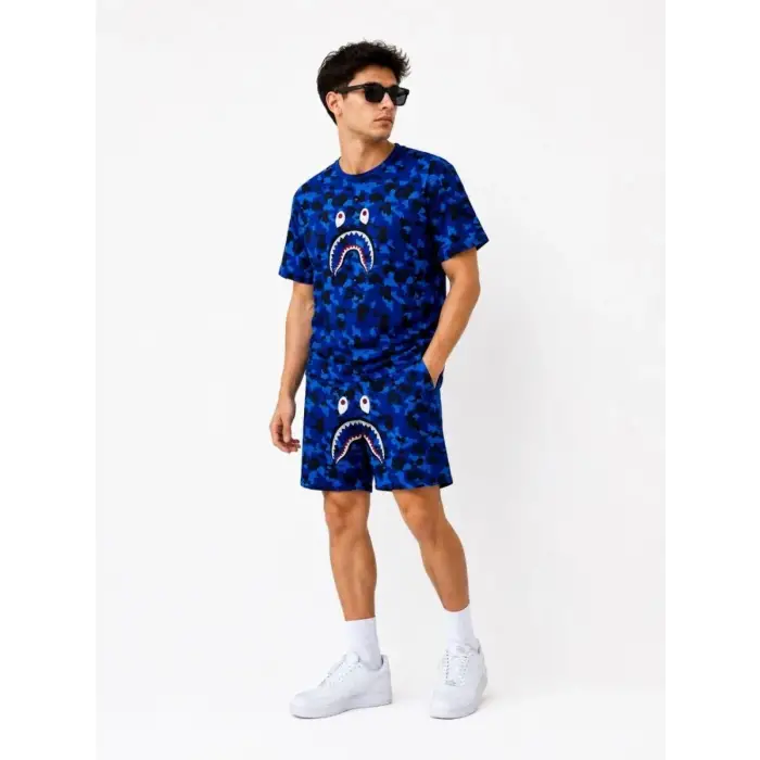 iegiyim™ Erkek Oversize Kalıp Pubg Bape X Shark Nakışlı Cepli Şort Takım - Mavi