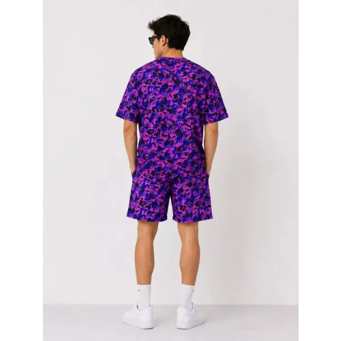 iegiyim™ Erkek Oversize Kalıp Pubg Bape X Shark Nakışlı Cepli Şort Takım - Mor