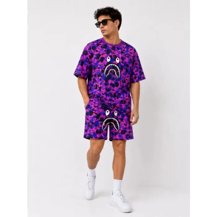 iegiyim™ Erkek Oversize Kalıp Pubg Bape X Shark Nakışlı Cepli Şort Takım - Mor