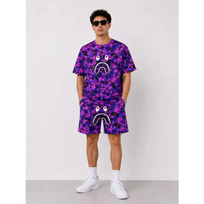 iegiyim™ Erkek Oversize Kalıp Pubg Bape X Shark Nakışlı Cepli Şort Takım - Mor
