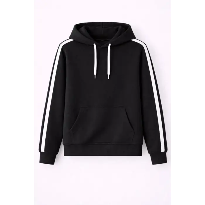iegiyim™ Erkek Şeritli Kapüşonlu Sweatshirt Oversize 3 iplik Pamuklu Hoodei - Siyah