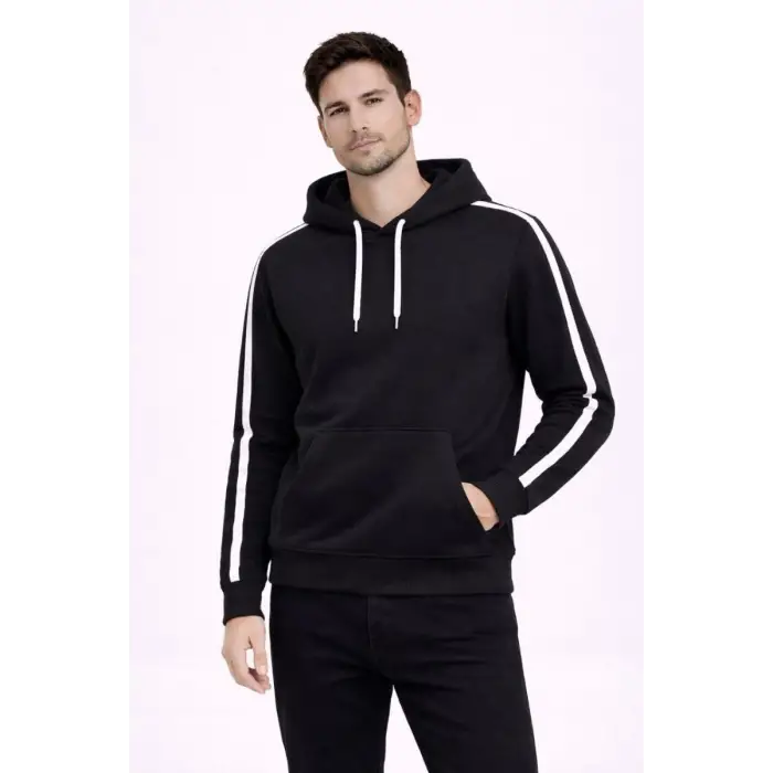 iegiyim™ Erkek Şeritli Kapüşonlu Sweatshirt Oversize 3 iplik Pamuklu Hoodei - Siyah