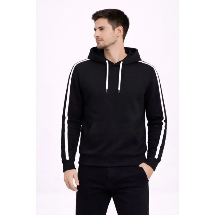 iegiyim™ Erkek Şeritli Kapüşonlu Sweatshirt Oversize 3 iplik Pamuklu Hoodei - Siyah