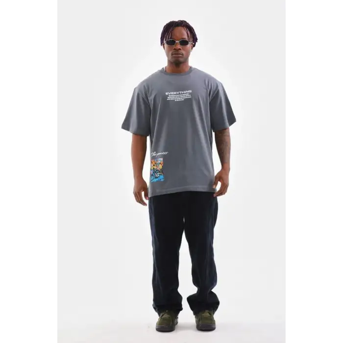 iegiyim™ Erkek Tişort  Bisiklet Yaka Baskılı Oversize T-Shirt - Gri
