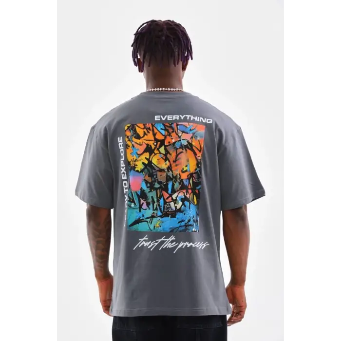 iegiyim™ Erkek Tişort  Bisiklet Yaka Baskılı Oversize T-Shirt - Gri